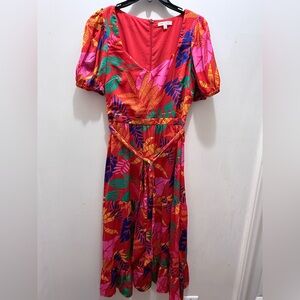 Skies Are Blue Red Tropical Print Puff Sleeve Midi Dress